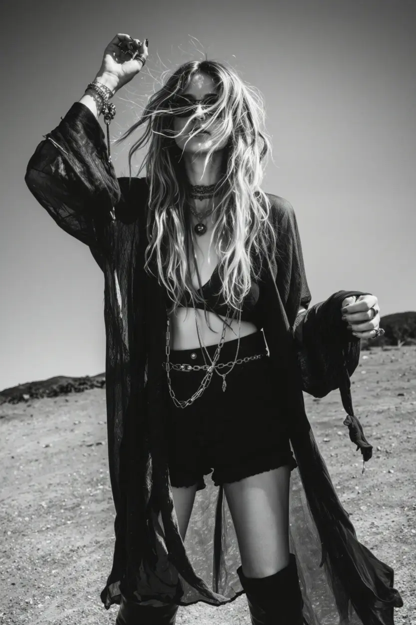 Windswept AI fashion editorial in a desert setting, featuring a woman with long hair, chains, and layered black clothing