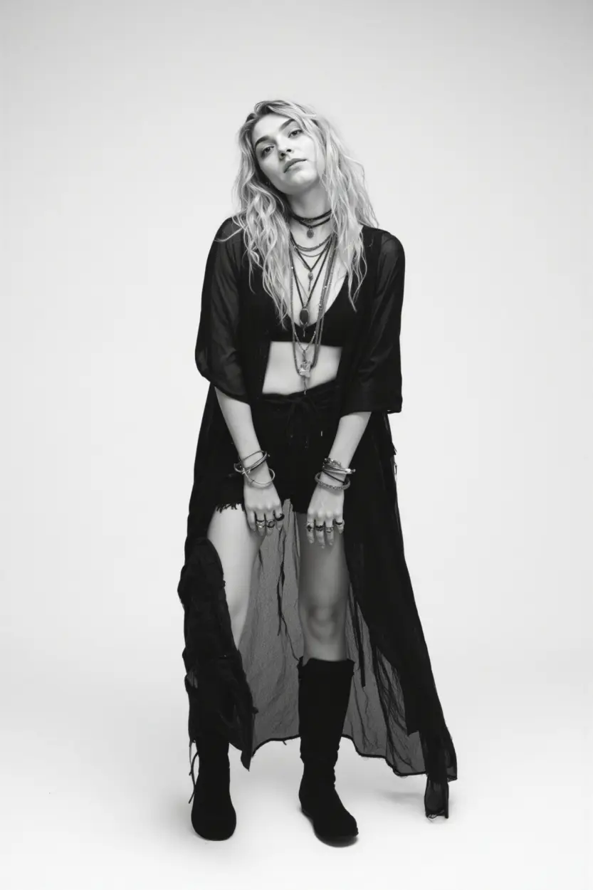 AI-generated fashion portrait of a woman in a long sheer coat, layered necklaces, and boots, striking a confident pose against a blank background