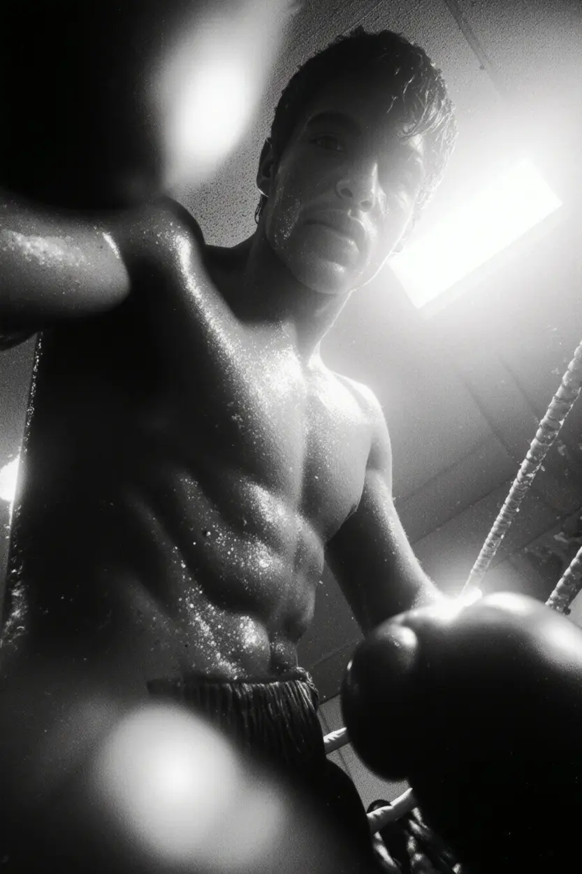 AI-generated portrait of a boxer in gloves, posed against a red industrial wall — blending raw physicality with Midjourney fashion aesthetics