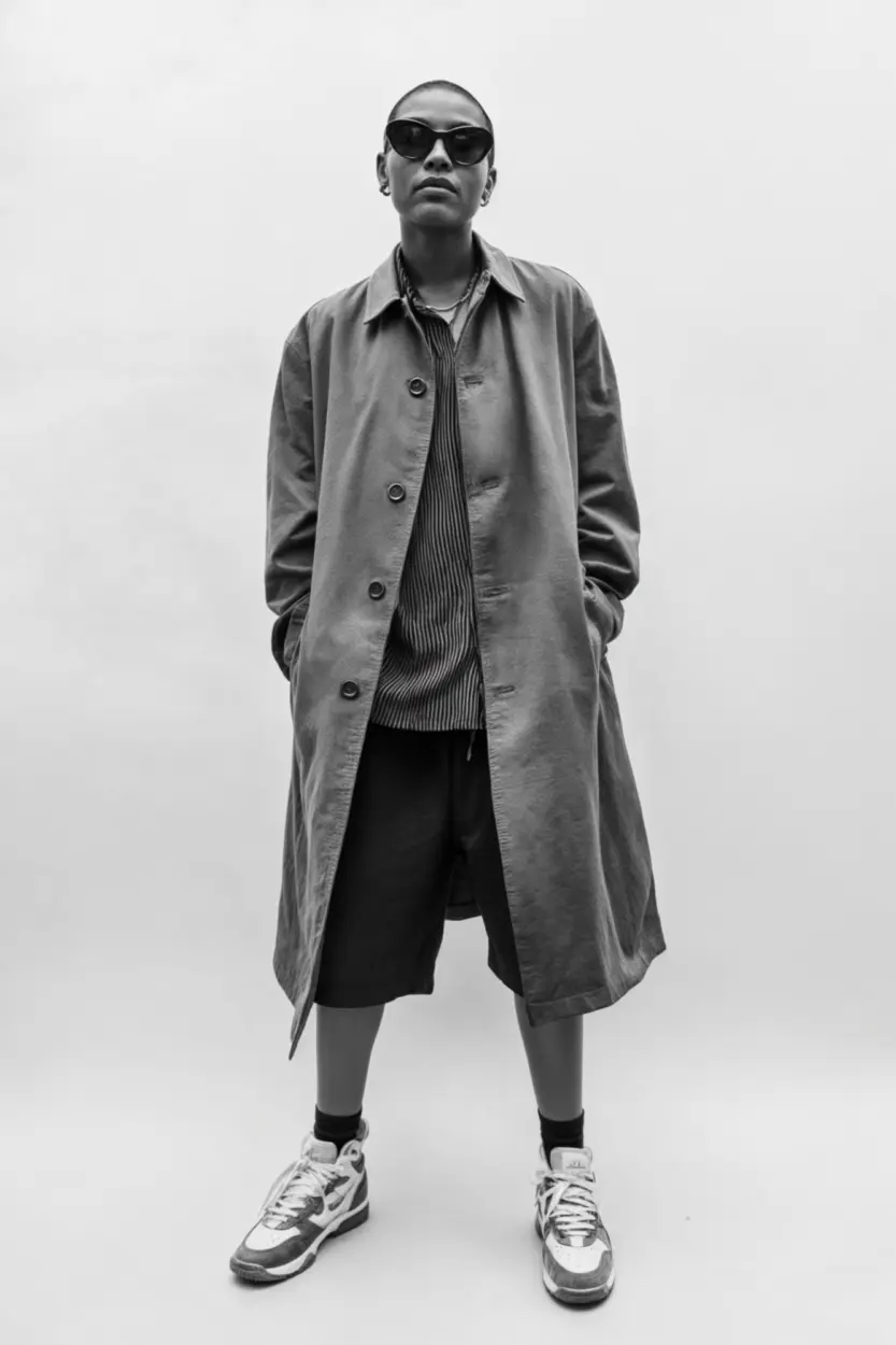 Confident AI-generated portrait of a model in oversized Bareen coat, striped shirt, and chunky sneakers, standing against a plain white backdrop
