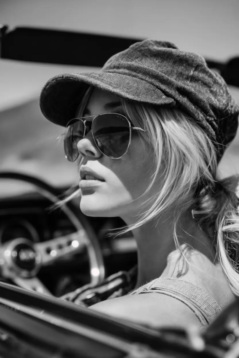 Black and white close-up of a woman wearing aviator sunglasses and a cap, seated in a vintage convertible, shot with cinematic AI aesthetic