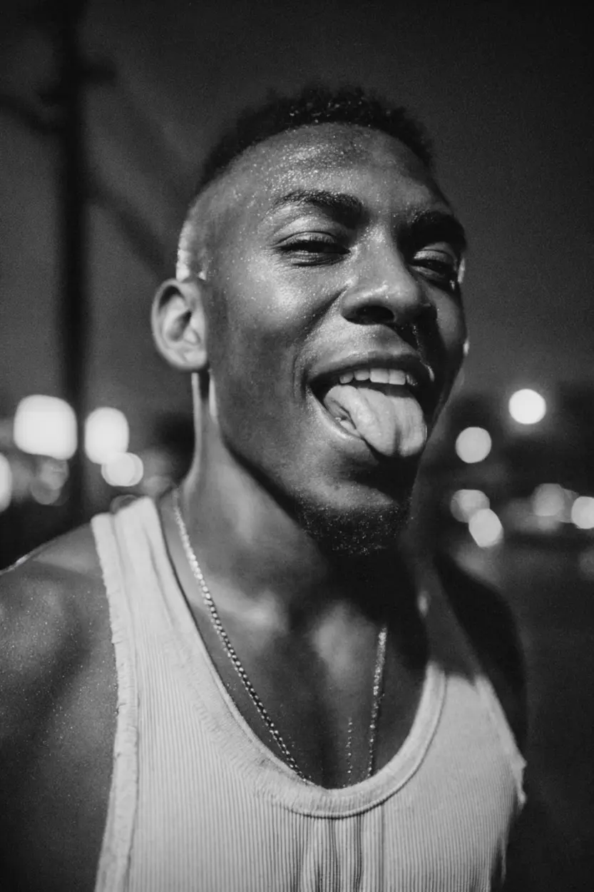 AI-generated night portrait of a young man in a white ribbed tank top, sweating and sticking out his tongue in a joyful street moment