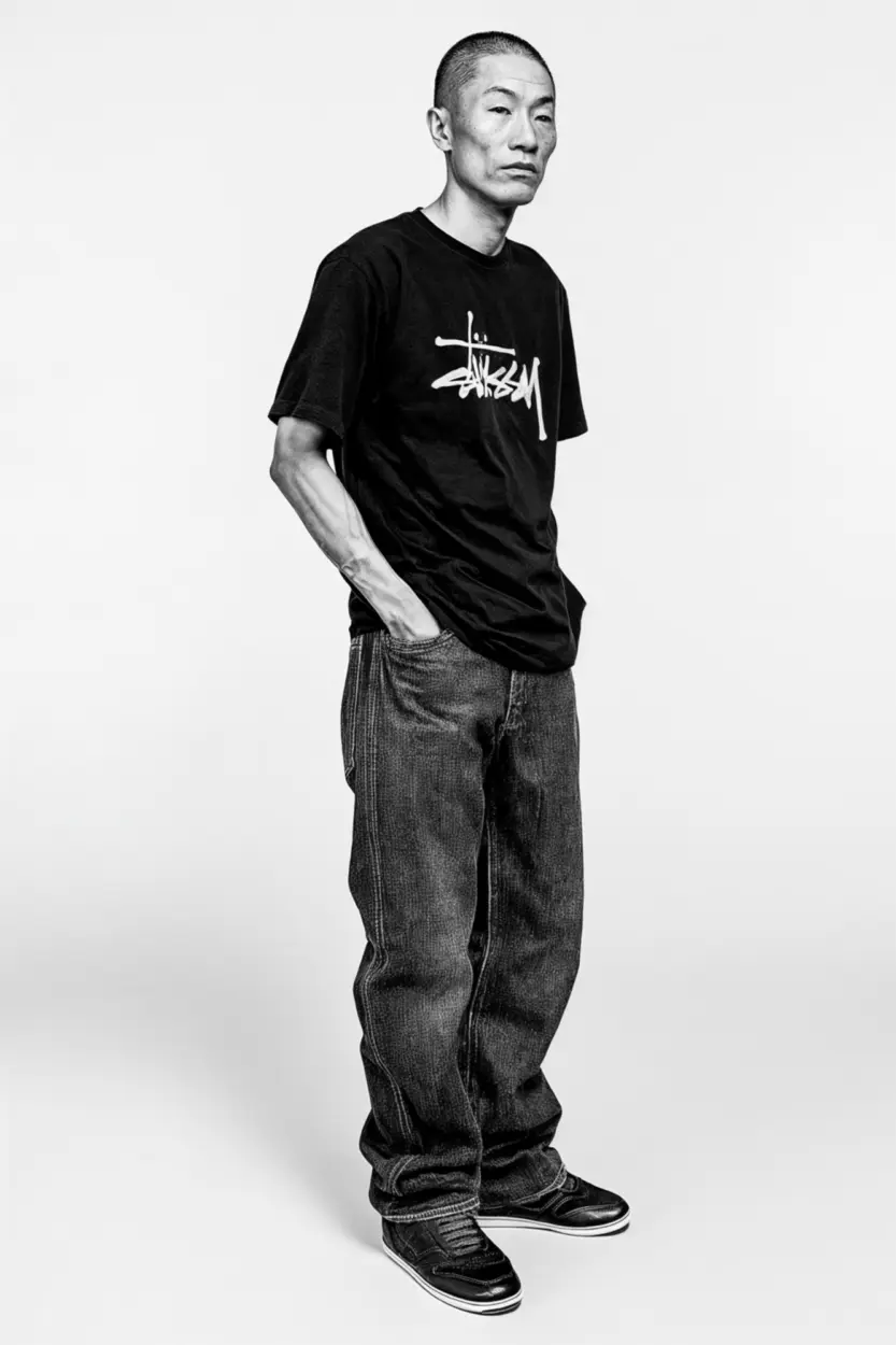 Studio portrait of a man in a black Stüssy t-shirt, relaxed stance, styled in loose-fit jeans and sneakers — clean product integration in AI fashion