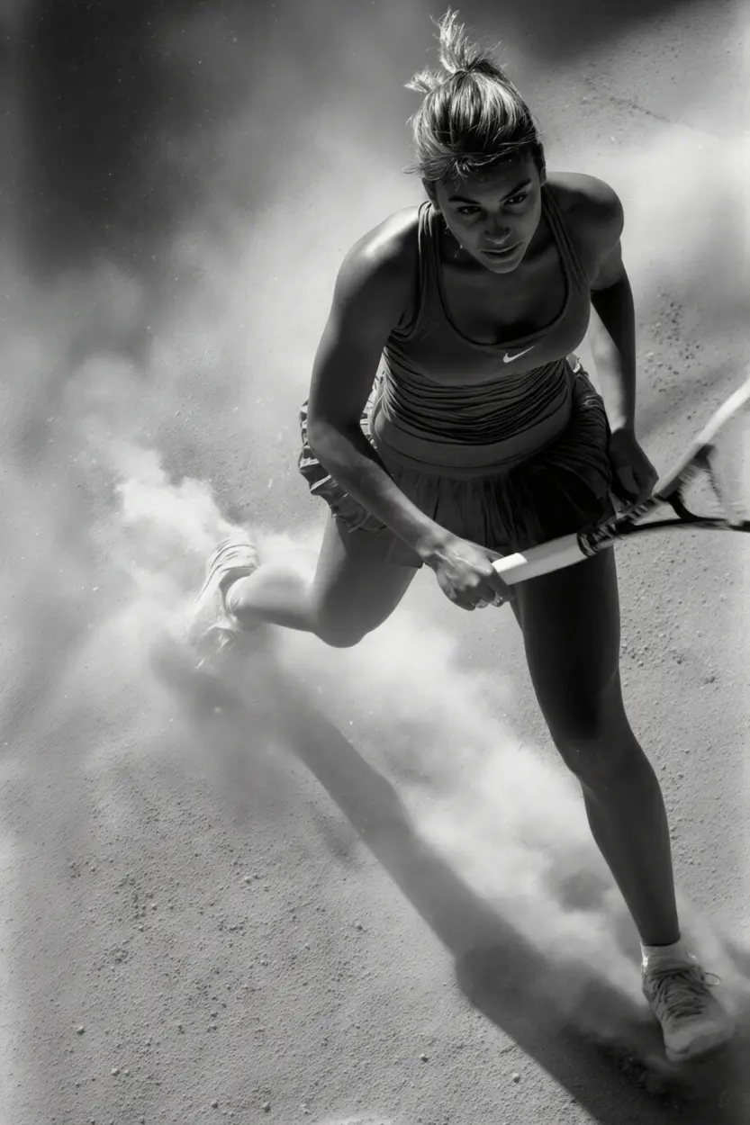 AI-generated action shot of a female tennis player on clay, kicking up dust mid-movement in Nike sportswear